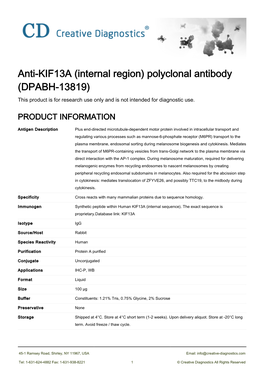 Anti-KIF13A (Internal Region) Polyclonal Antibody (DPABH-13819) This Product Is for Research Use Only and Is Not Intended for Diagnostic Use