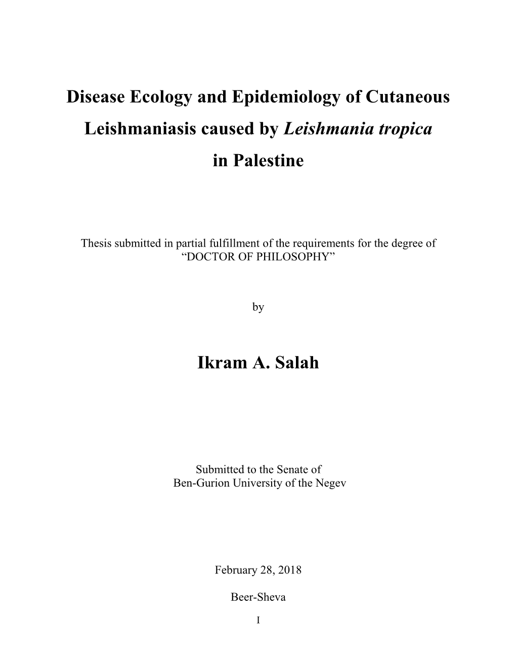 Disease Ecology and Epidemiology of Cutaneous Leishmaniasis Caused by Leishmania Tropica in Palestine