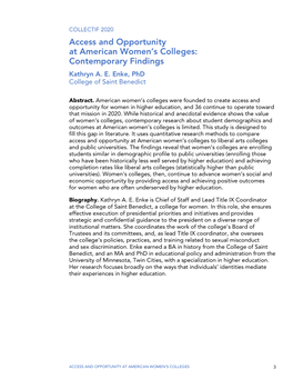 Access and Opportunity at American Women's Colleges: Contemporary