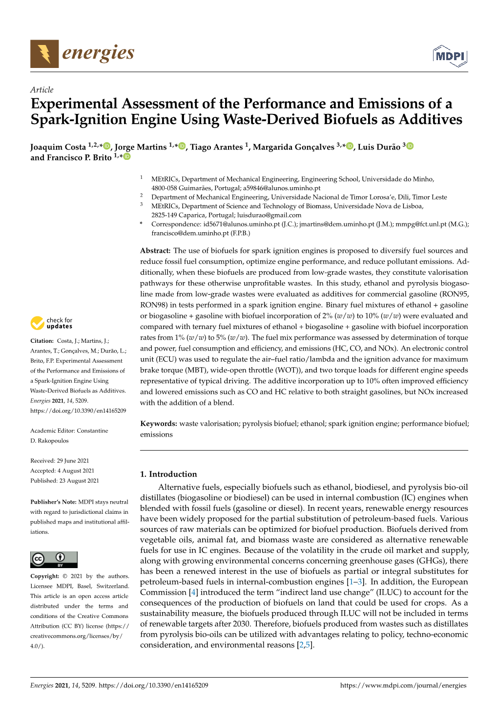 Experimental Assessment of the Performance and Emissions of a Spark-Ignition Engine Using Waste-Derived Biofuels As Additives