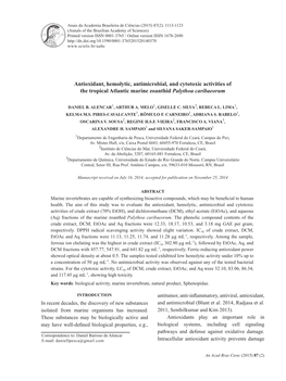 Antioxidant, Hemolytic, Antimicrobial, and Cytotoxic Activities of the Tropical Atlantic Marine Zoanthid Palythoa Caribaeorum