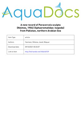 A New Record of Paracerceis Sculpta (Holmes, 1904) (Sphaeromatidae: Isopoda) from Pakistan, Northern Arabian Sea