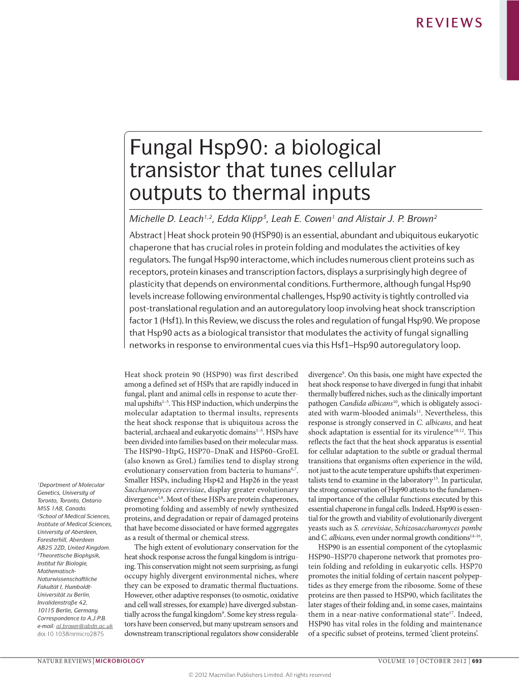 Fungal Hsp90: a Biological Transistor That Tunes Cellular Outputs to Thermal Inputs