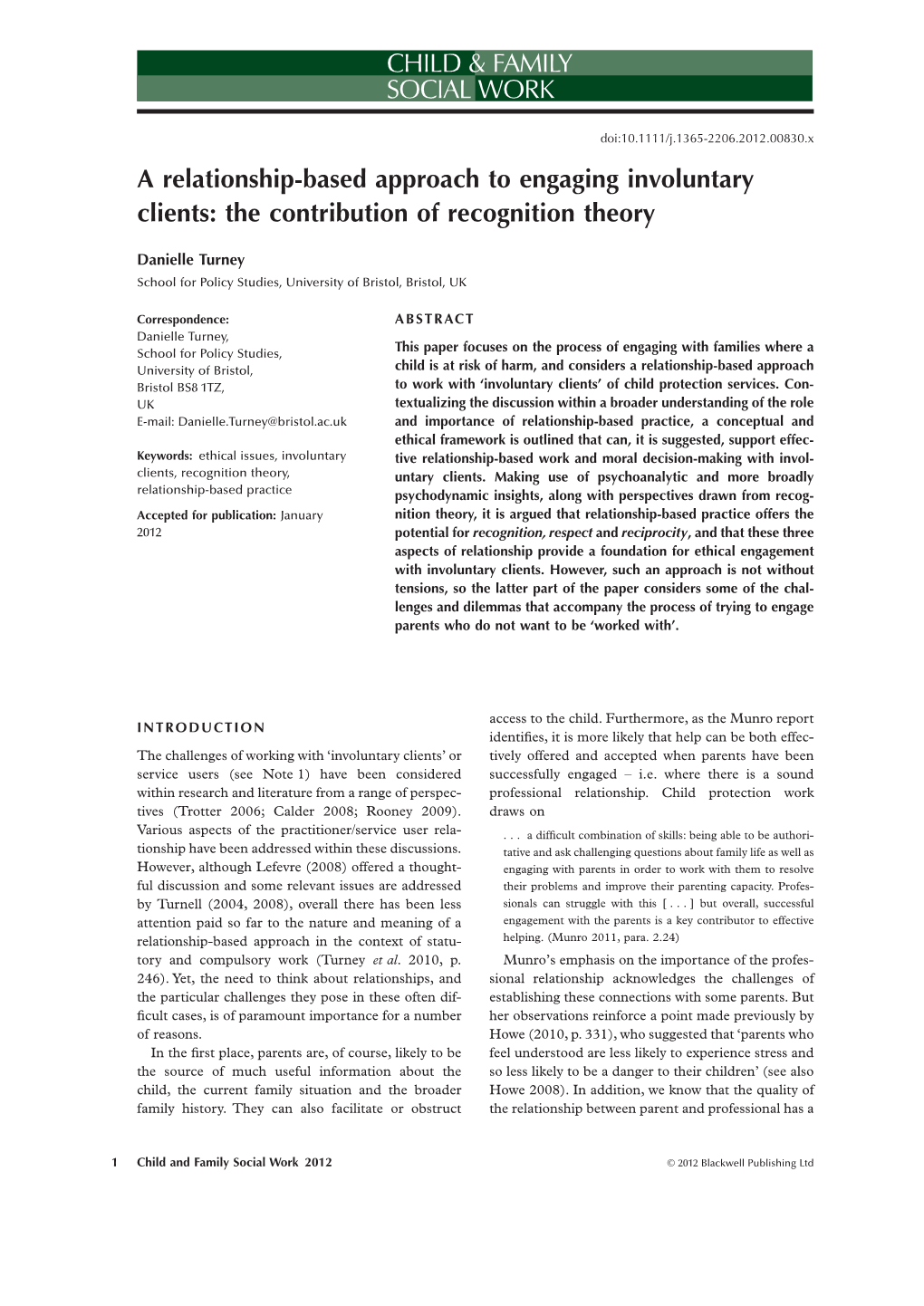 A Relationship-Based Approach to Engaging Involuntary Clients: the Contribution of Recognition Theorycfs 830 1..11