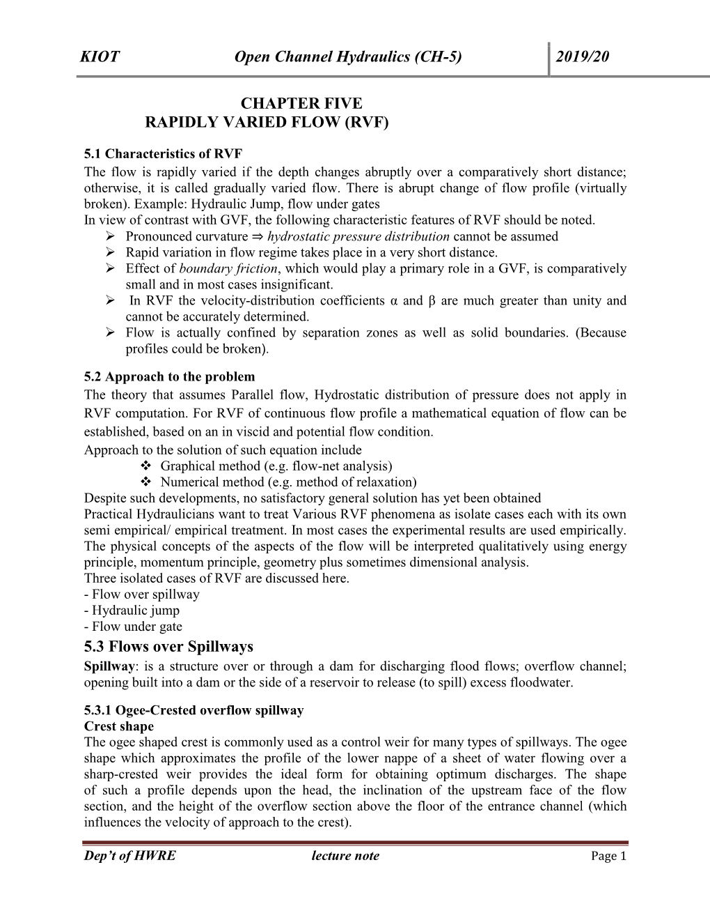 KIOT Open Channel Hydraulics (CH-5) 2019/20 CHAPTER FIVE