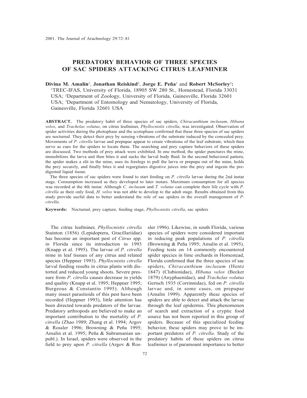 Predatory Behavior of Three Species of Sac Spiders Attacking Citrus Leafminer