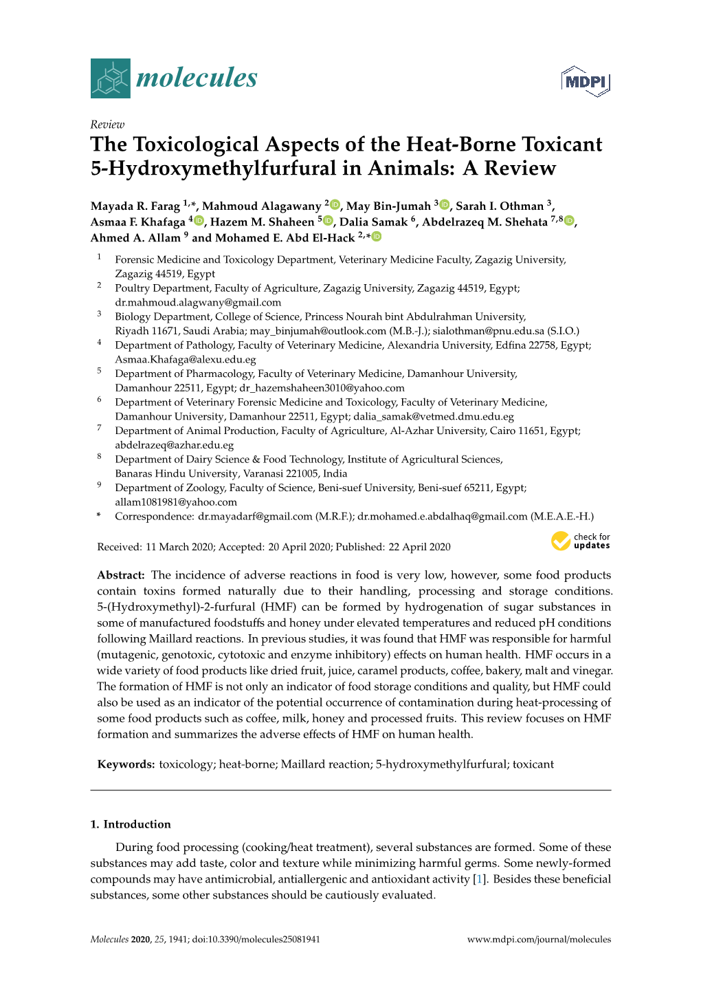 The Toxicological Aspects of the Heat-Borne Toxicant 5-Hydroxymethylfurfural in Animals: a Review
