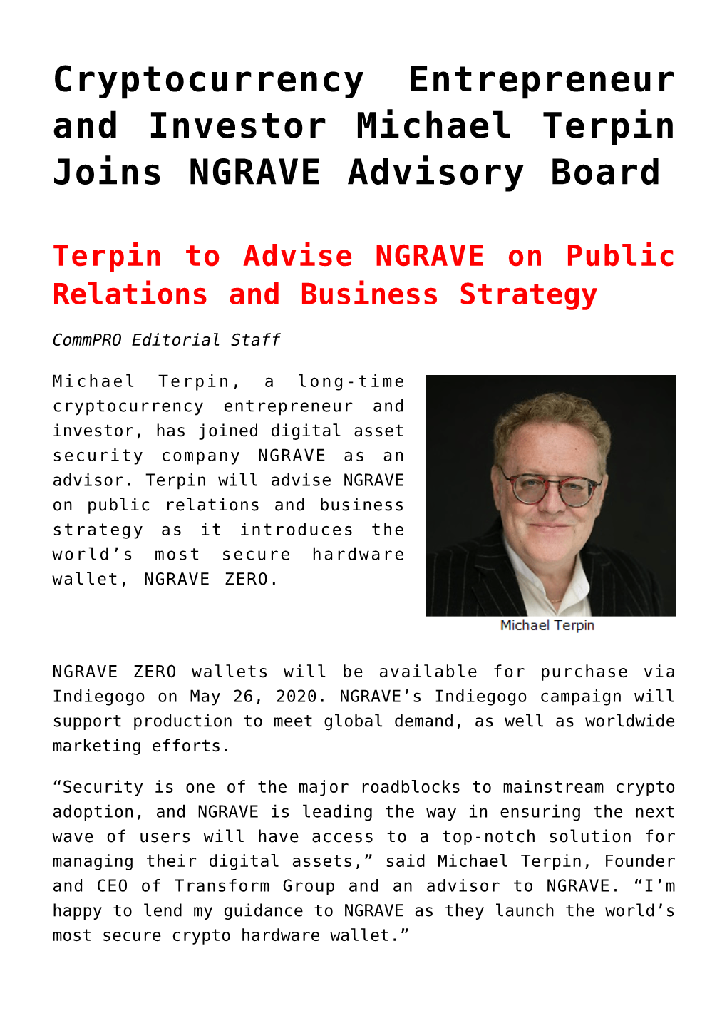 Cryptocurrency Entrepreneur and Investor Michael Terpin Joins NGRAVE Advisory Board