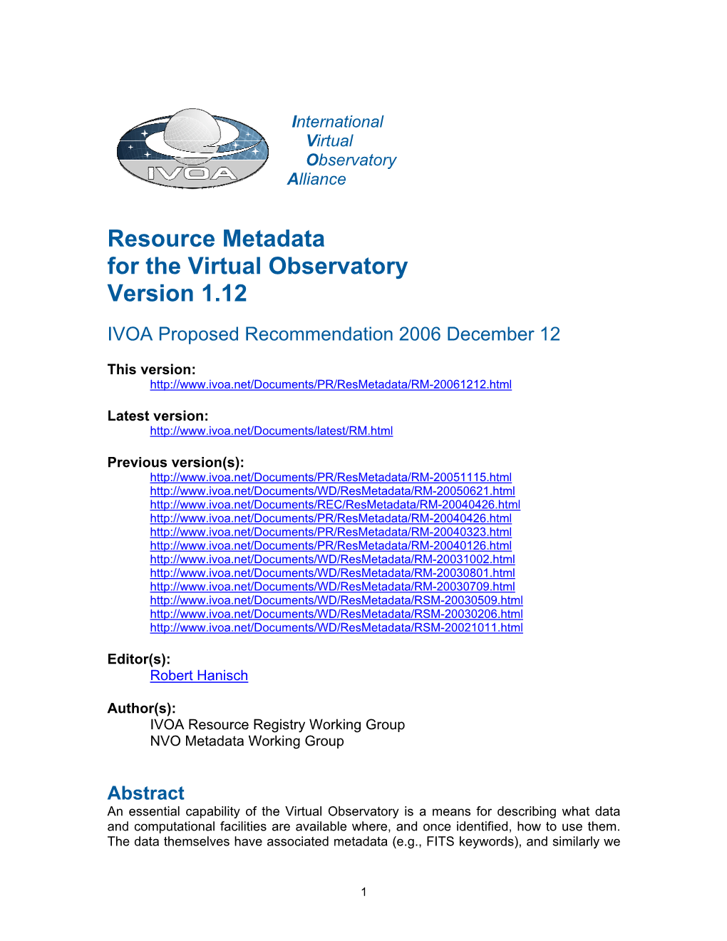 Resource and Service Metadata for the Virtual Observatory