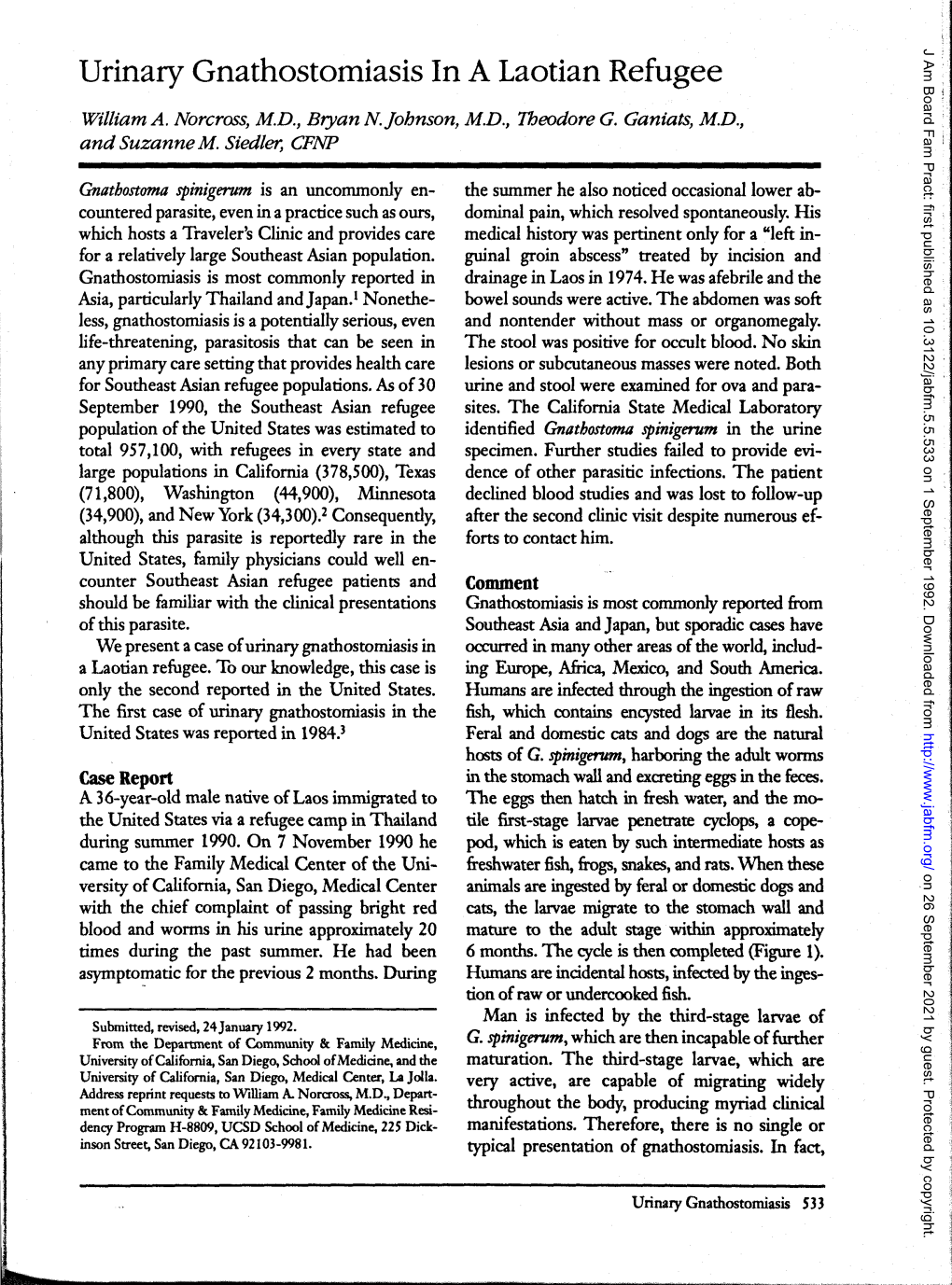 Urinary Gnathostomiasis in a Laotian Refugee