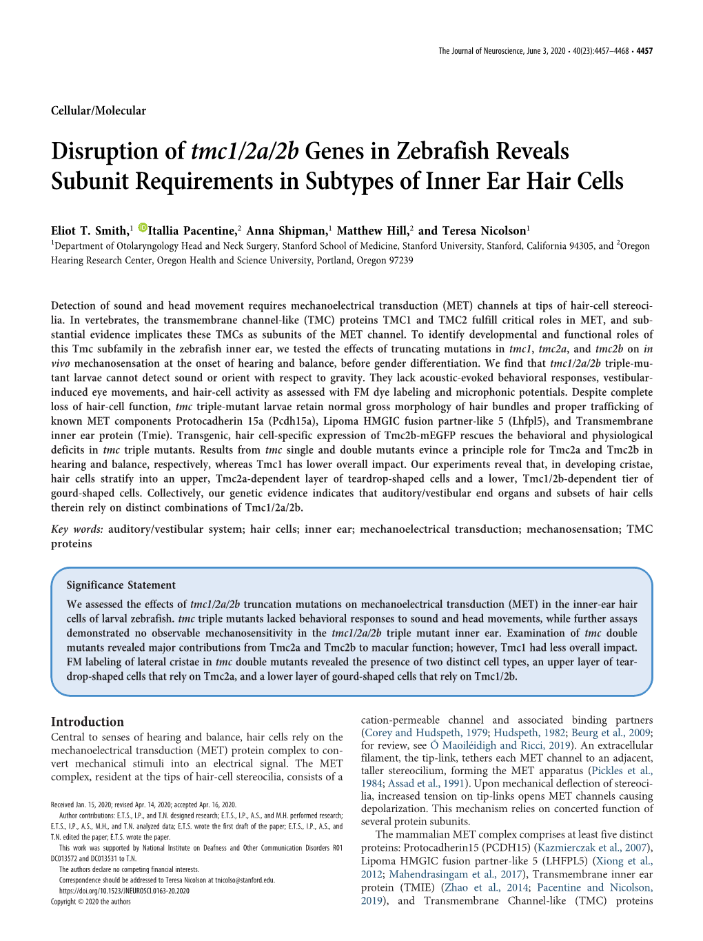 Disruption of Tmc1/2A/2B Genes in Zebrafish Reveals Subunit Requirements in Subtypes of Inner Ear Hair Cells