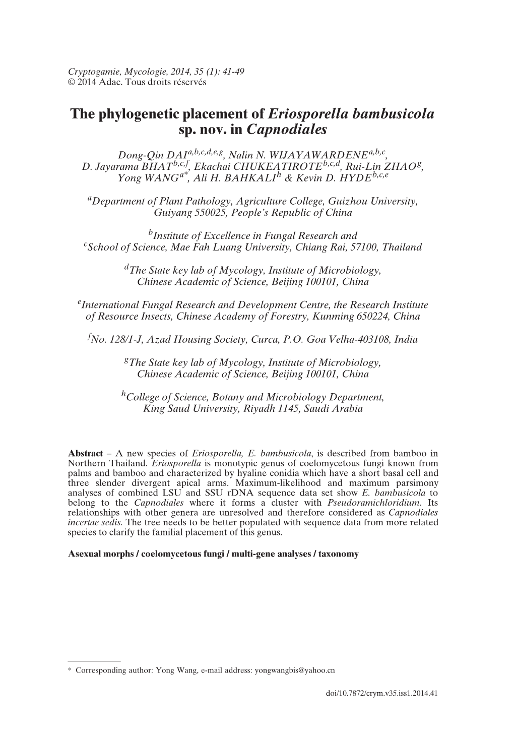 The Phylogenetic Placement of Eriosporella Bambusicola Sp. Nov