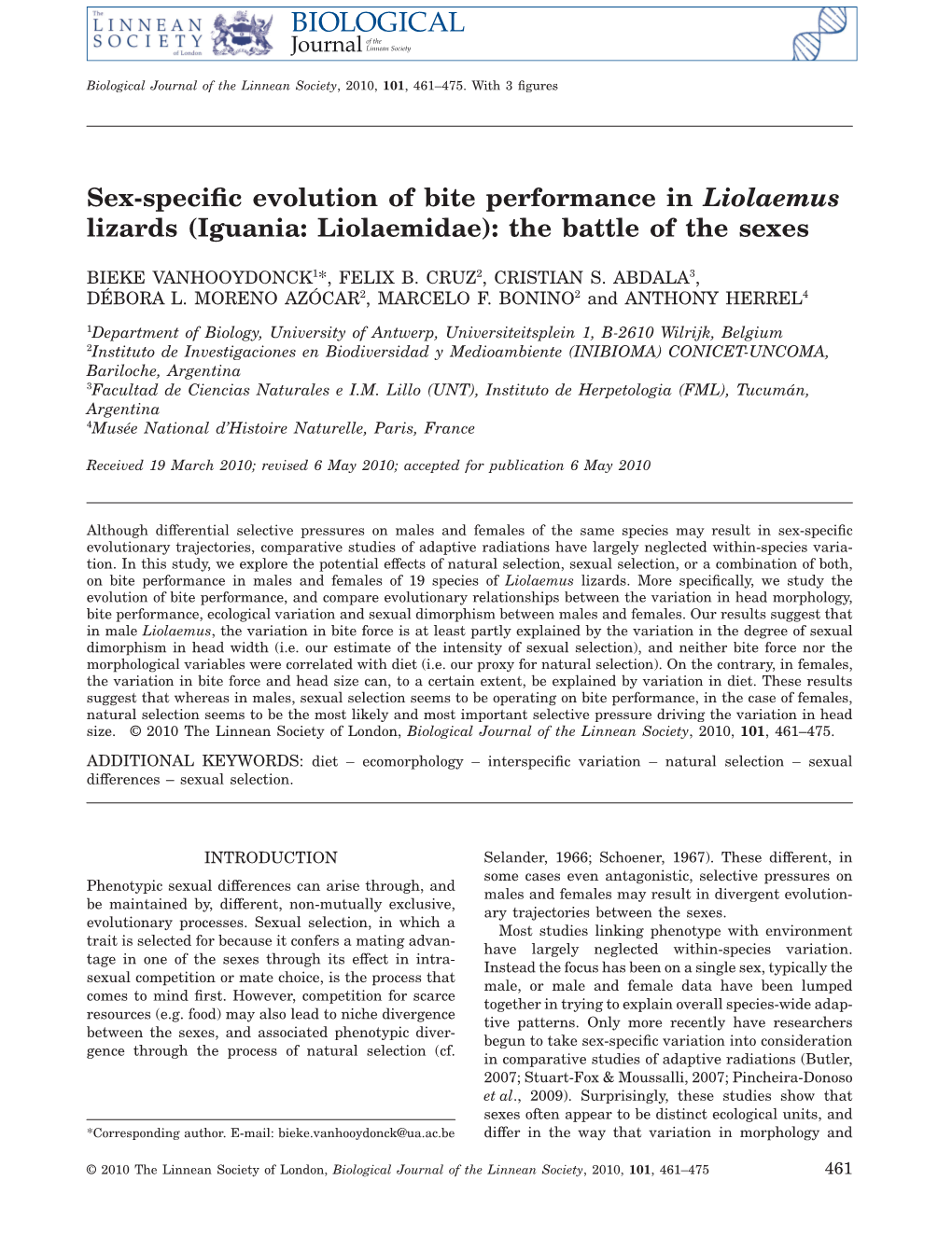 Sex-Specific Evolution of Bite Performance in Liolaemus Lizards