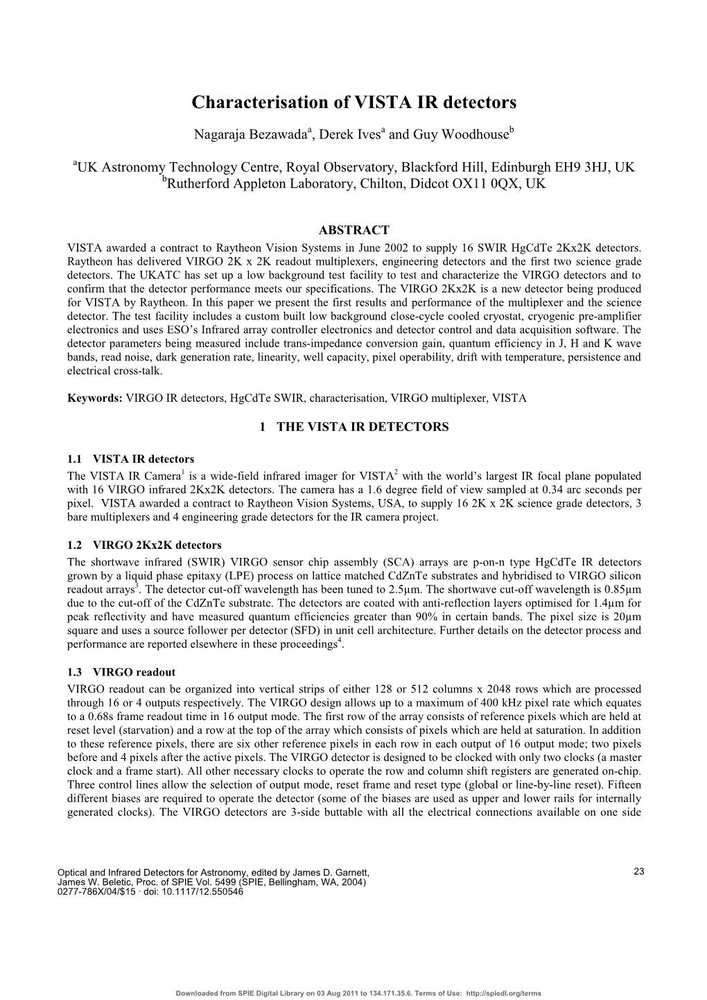 Characterisation of VISTA IR Detectors