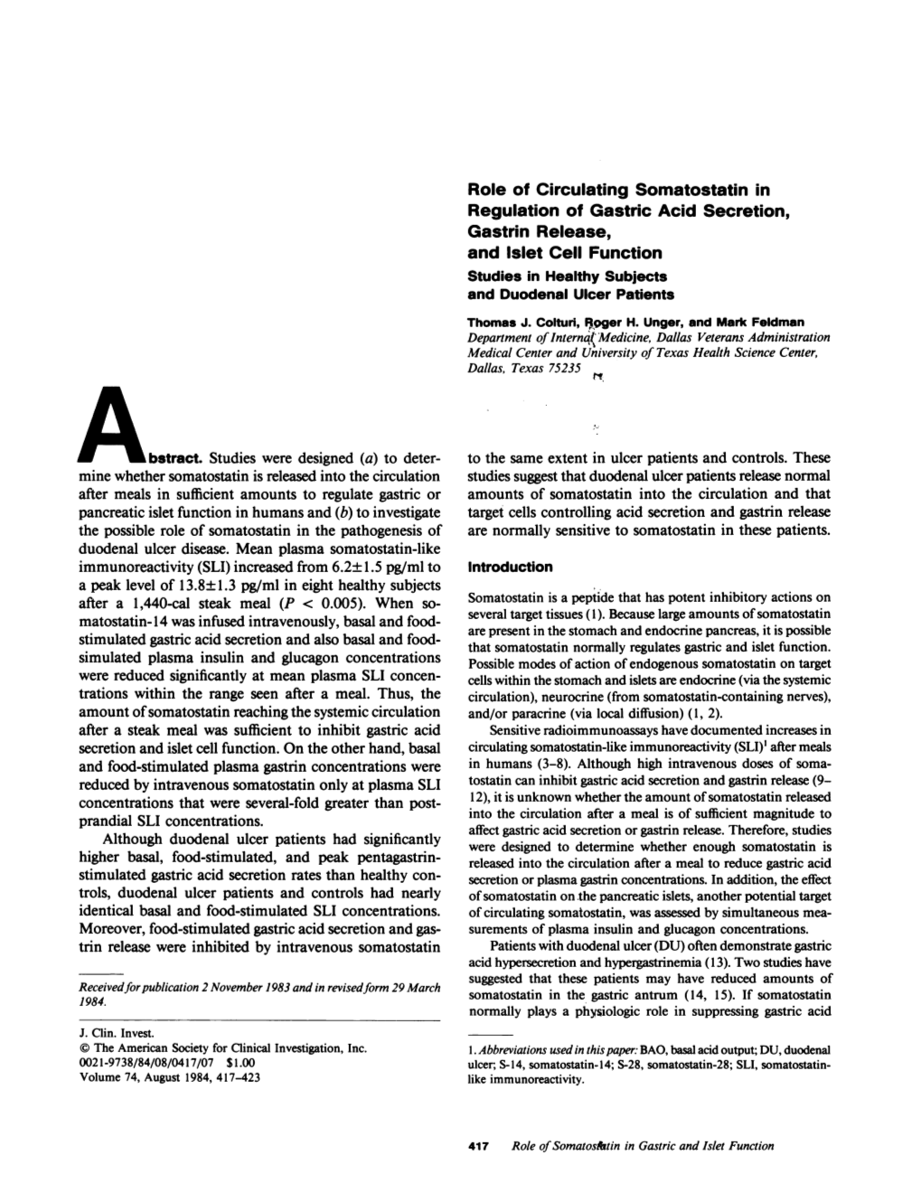 Role of Circulating Somatostatin in Regulation of Gastric Acid