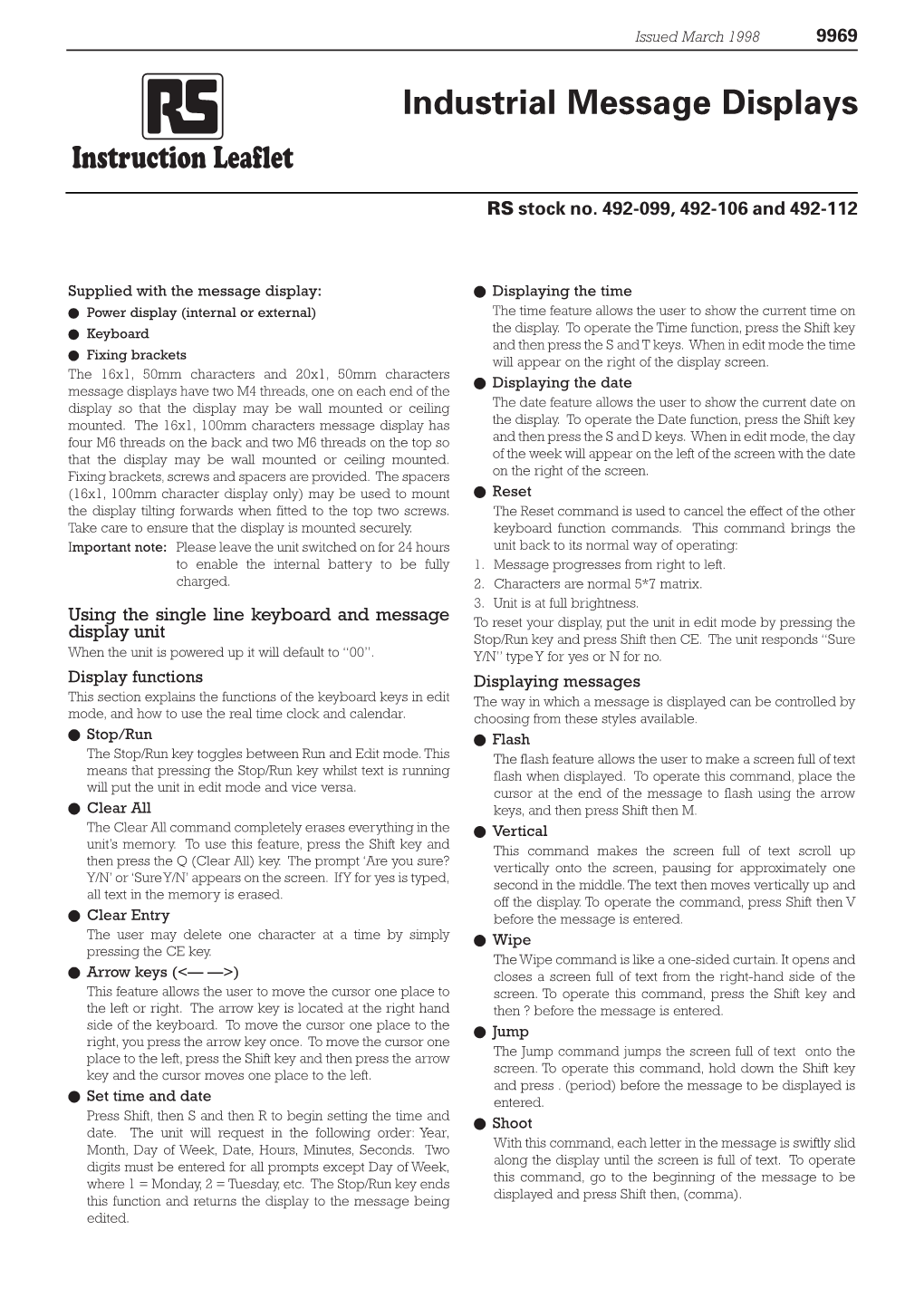 Industrial Message Displays Instruction Leaflet