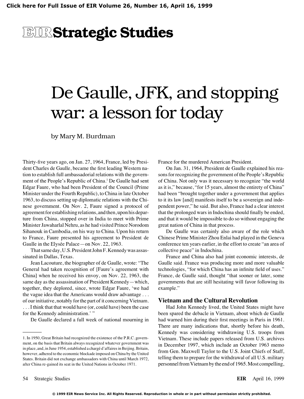 De Gaulle, JFK, and Stopping War: a Lesson for Today