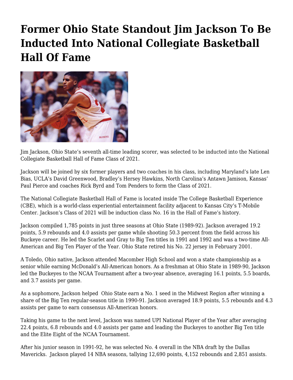 Former Ohio State Standout Jim Jackson to Be Inducted Into National Collegiate Basketball Hall of Fame