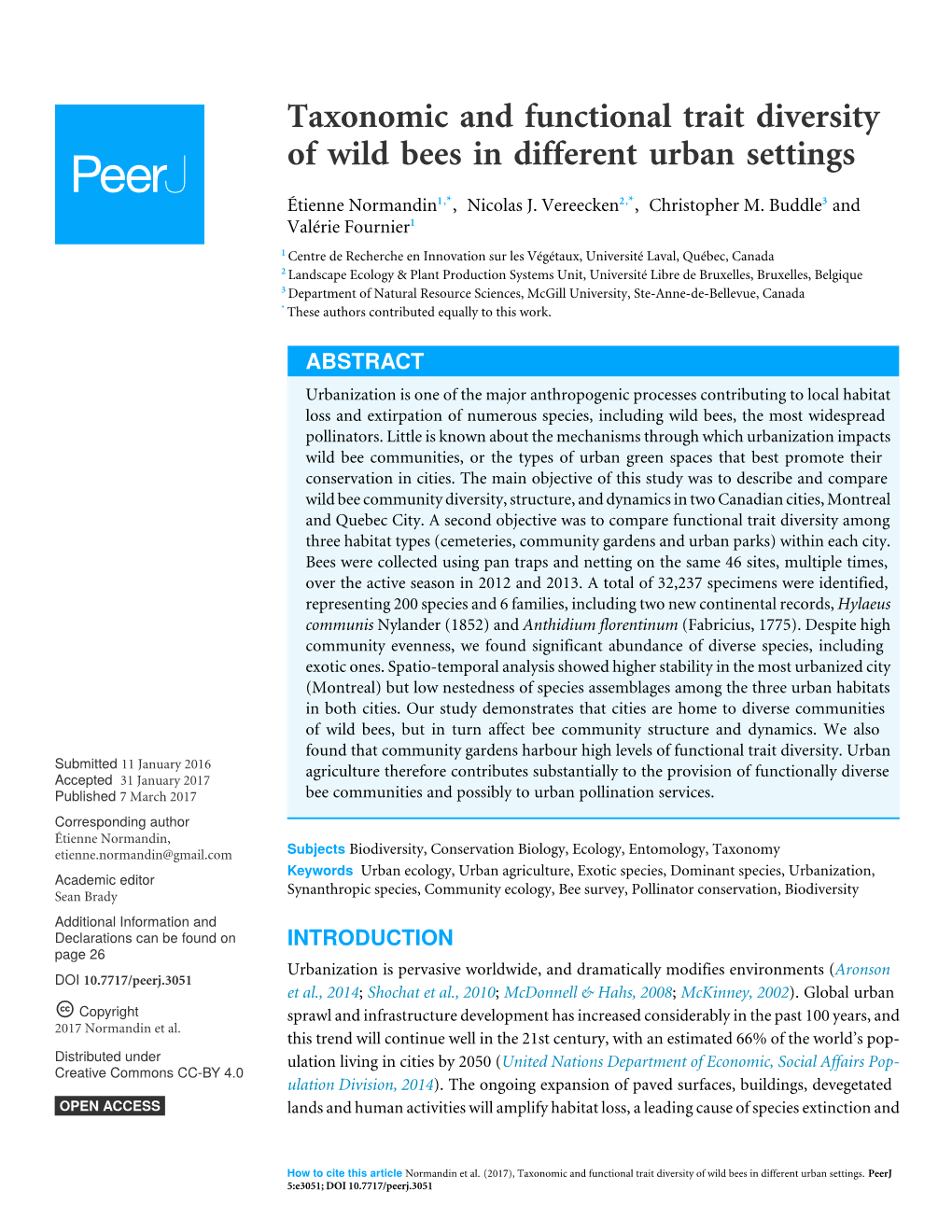 Taxonomic and Functional Trait Diversity of Wild Bees in Different Urban Settings