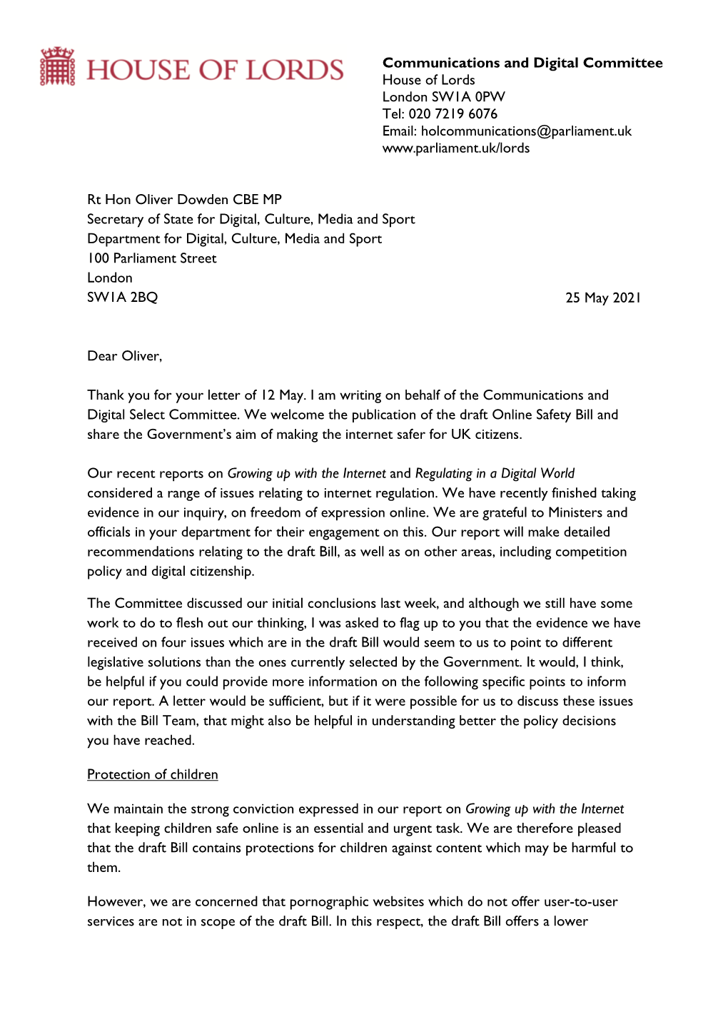 Letter to Rt Hon Oliver Dowden MP