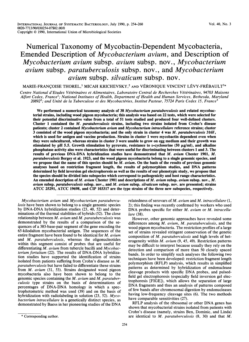 Mycobacterium Avium, and Description of Mycobacterium Avium Subsp
