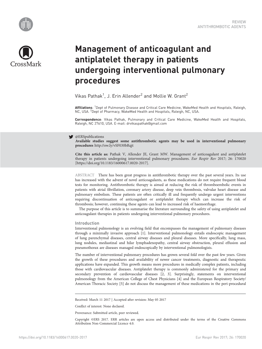 Management of Anticoagulant and Antiplatelet Therapy in Patients Undergoing Interventional Pulmonary Procedures