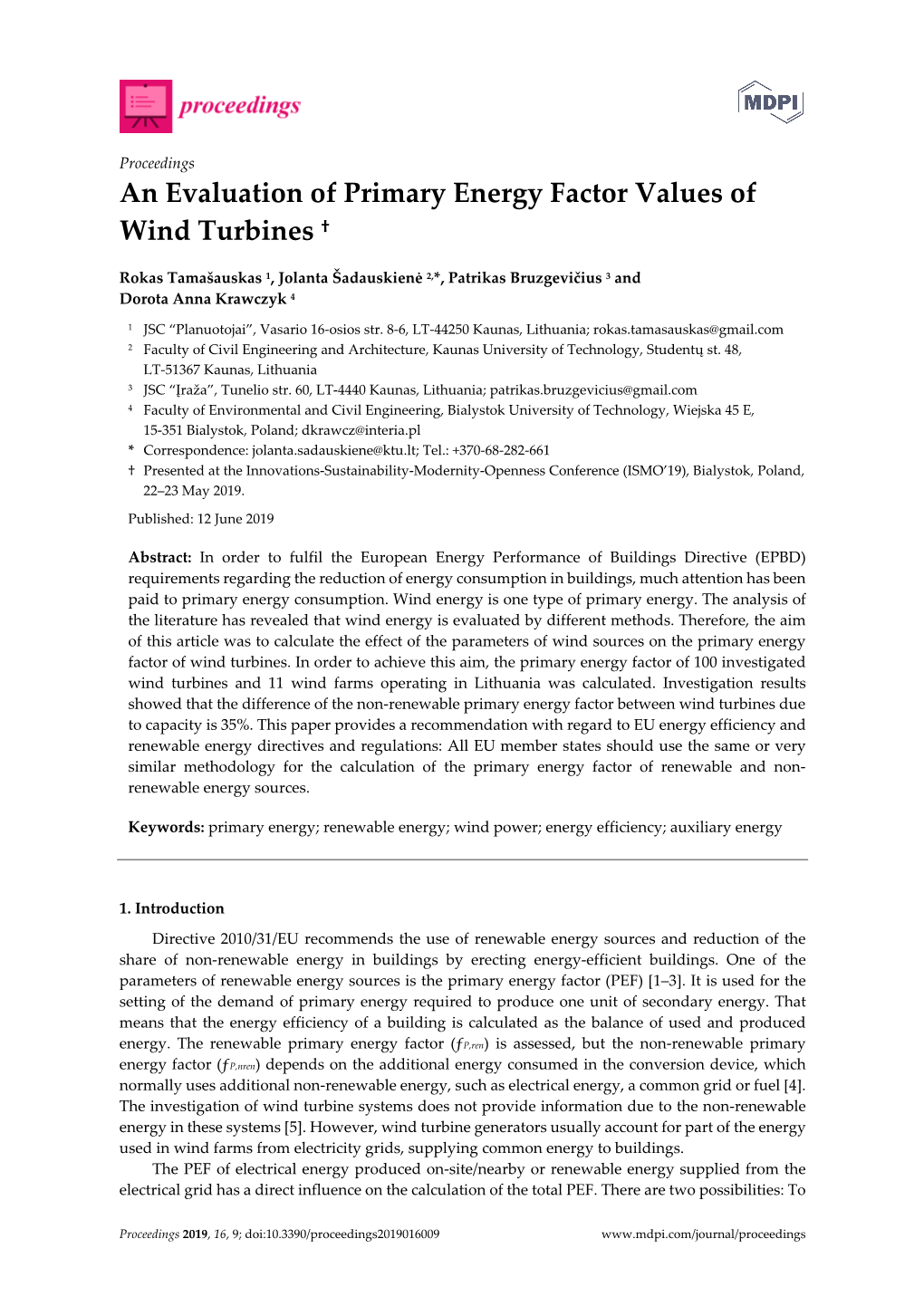 An Evaluation of Primary Energy Factor Values of Wind Turbines †