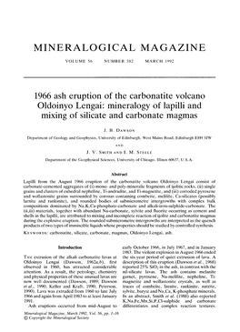 1966 Ash Eruption of the Carbonatite Volcano Oldoinyo Lengai" Mineralogy of Lapilli and Mixing of Silicate and Carbonate Magmas