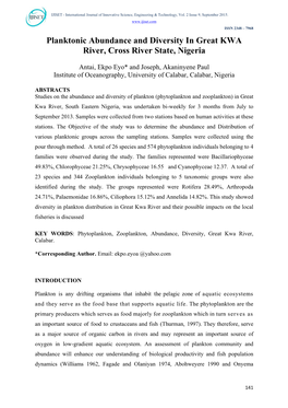 Planktonic Abundance and Diversity in Great KWA River, Cross River State, Nigeria