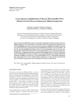 Cross-Species Amplification of Shorea Microsatellite DNA Markers in Parashorea Malaanonan (Dipterocarpaceae)