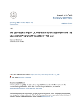 The Educational Impact of American Church Missionaries on the Educational Programs of Iran (1834-1925 C.E.)
