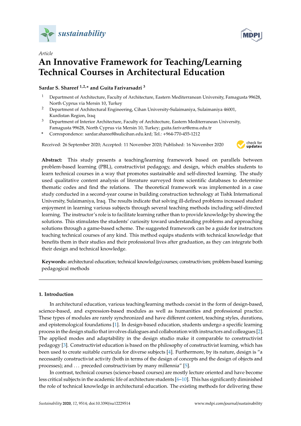 An Innovative Framework for Teaching/Learning Technical Courses in Architectural Education