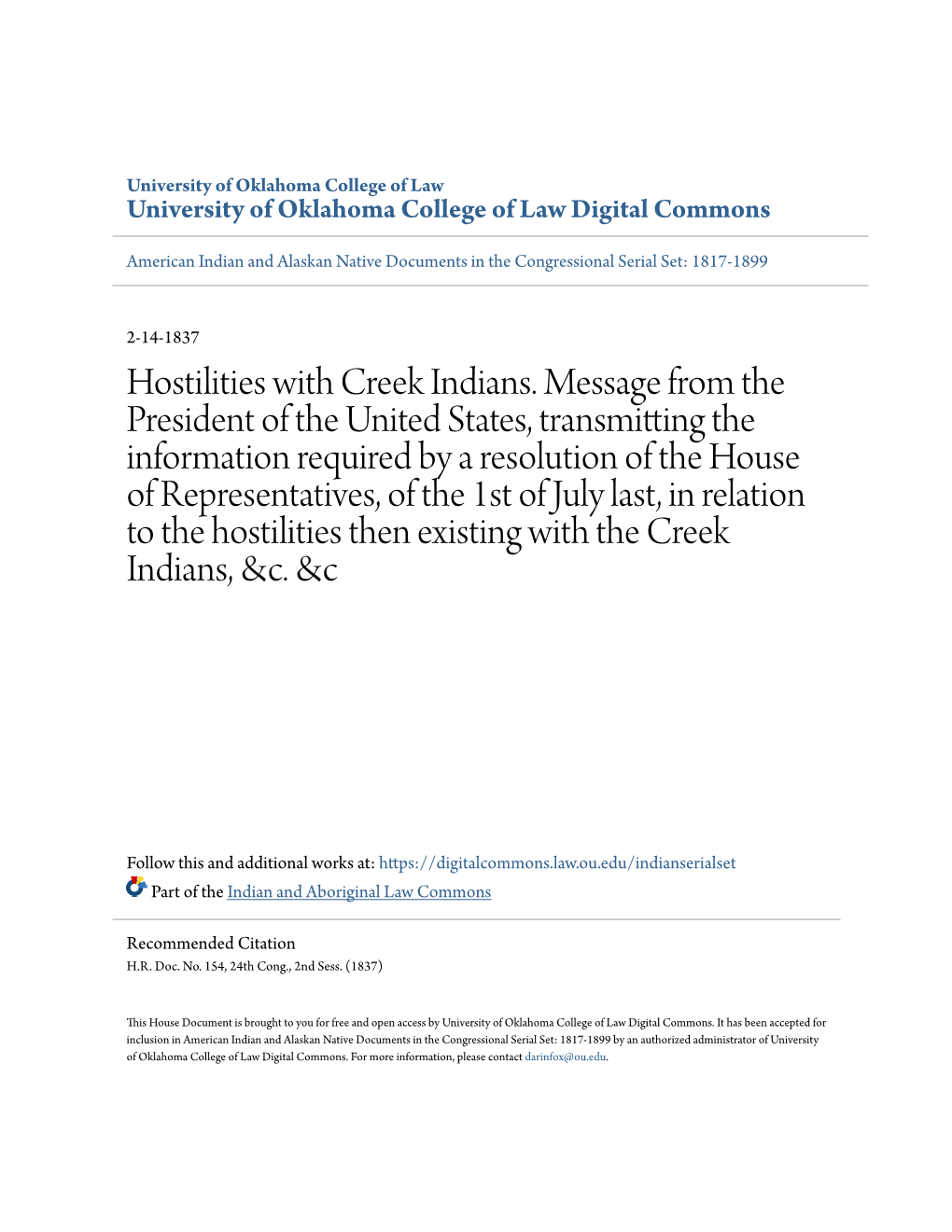 Hostilities with Creek Indians. Message from the President of The