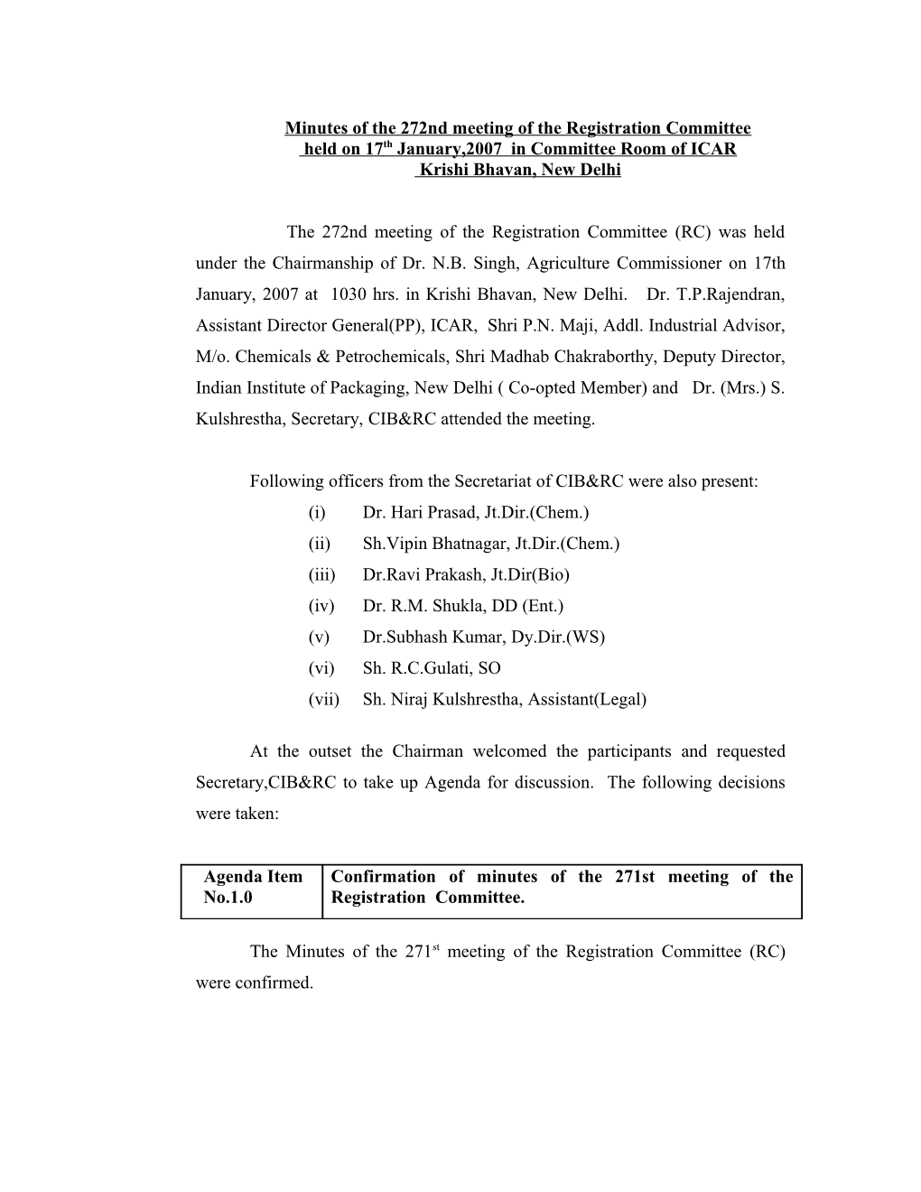 Minutes of the 272Nd Meeting of the Registration Committee Held on 21St Dec