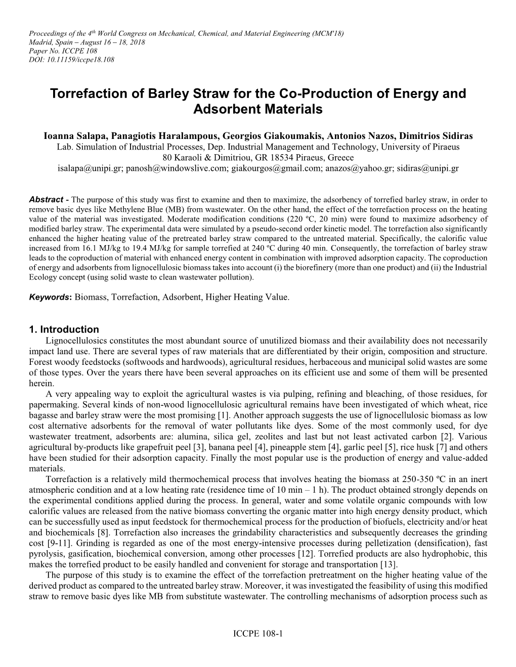 Torrefaction of Barley Straw for the Co-Production of Energy and Adsorbent Materials