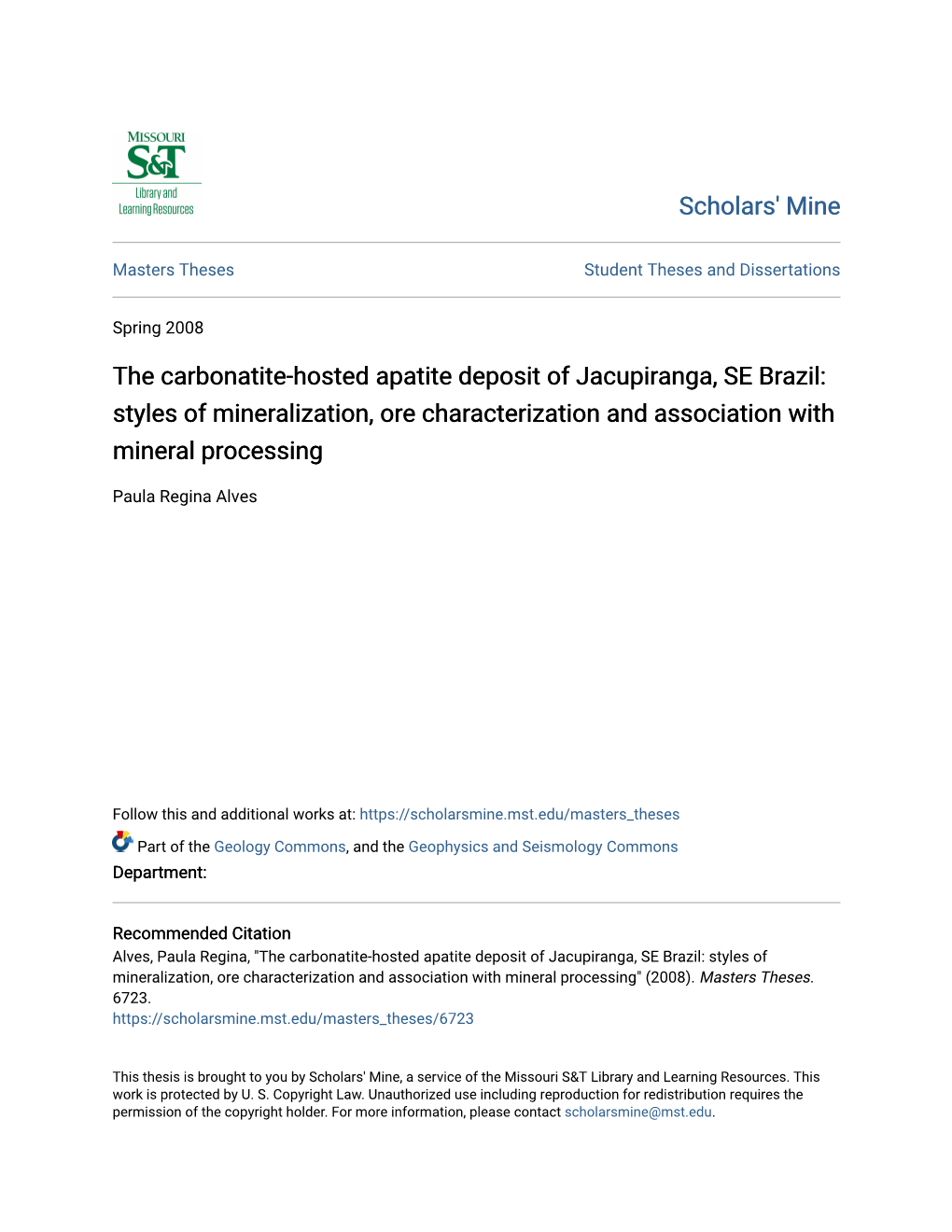 The Carbonatite-Hosted Apatite Deposit of Jacupiranga, SE Brazil: Styles of Mineralization, Ore Characterization and Association with Mineral Processing