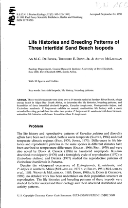 Life Histories and Breeding Patterns of Three Intertidal Sand Beach Isopods