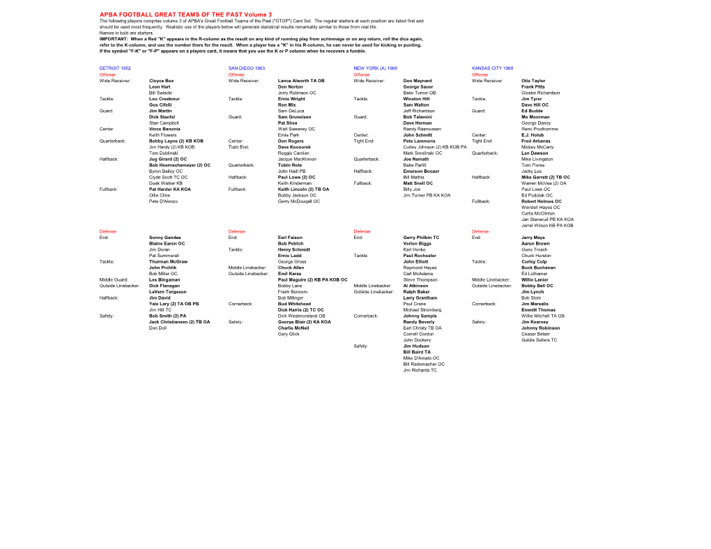 APBA FOOTBALL GREAT TEAMS of the PAST Volume 3 the Following Players Comprise Volume 3 of APBA's Great Football Teams of the Past ("GTOP") Card Set