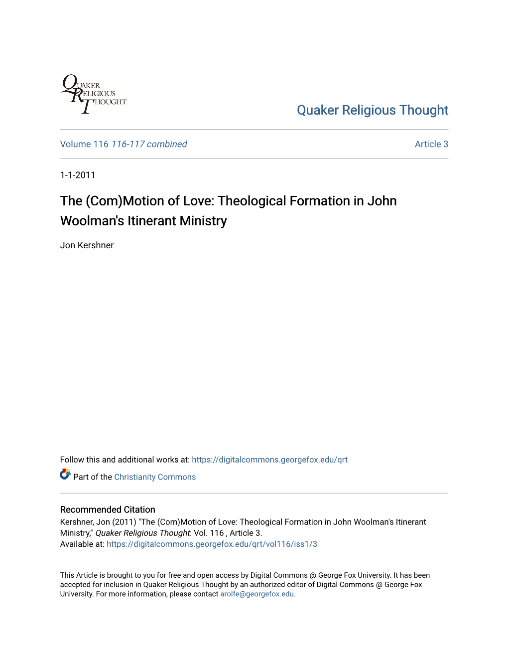 Theological Formation in John Woolman's Itinerant Ministry