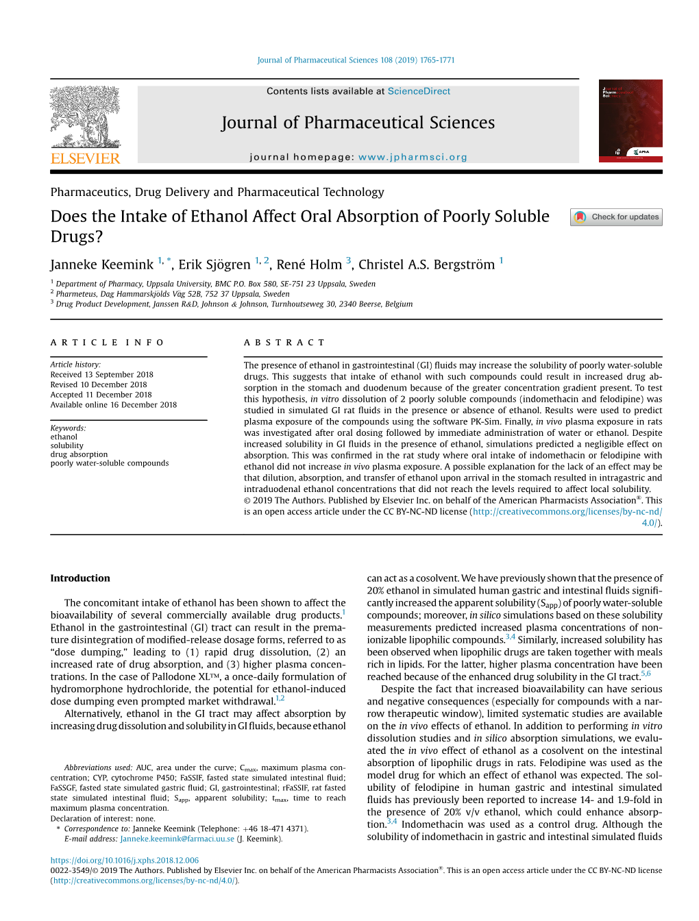 Does the Intake of Ethanol Affect Oral Absorption of Poorly Soluble Drugs?