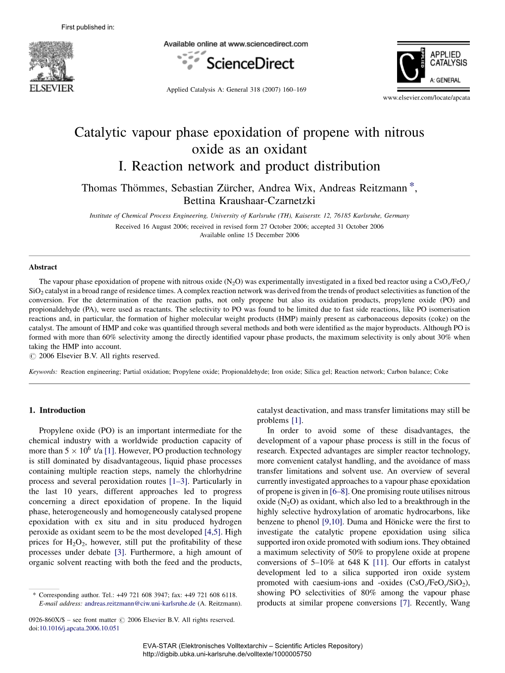 Catalytic Vapour Phase Epoxidation of Propene with Nitrous Oxide As an Oxidant I