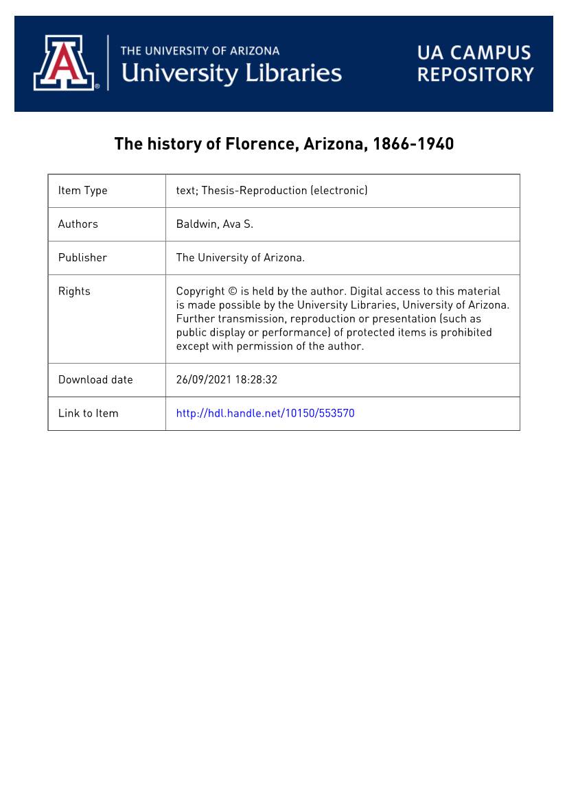 THE HISTORY of FLORENCE, ARIZONA 1866-1940 by Ava S