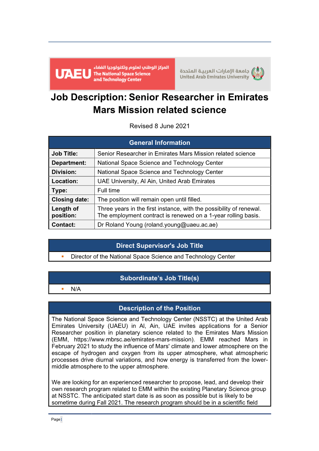 Senior Researcher in Emirates Mars Mission Related Science