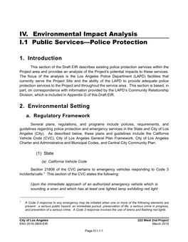 IV. Environmental Impact Analysis I.1 Public Services—Police Protection
