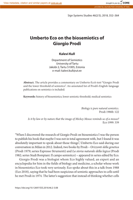 Umberto Eco on the Biosemiotics of Giorgio Prodi