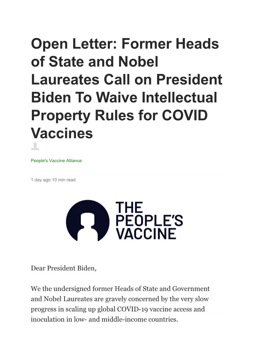 Open Letter: Former Heads of State and Nobel Laureates Call on President Biden to Waive Intellectual Property Rules for COVID Vaccines