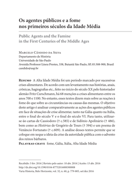 Public Agents and the Famine in the First Centuries of the Middle Ages