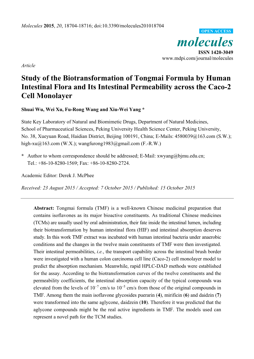 Study of the Biotransformation of Tongmai Formula by Human Intestinal Flora and Its Intestinal Permeability Across the Caco-2 Cell Monolayer