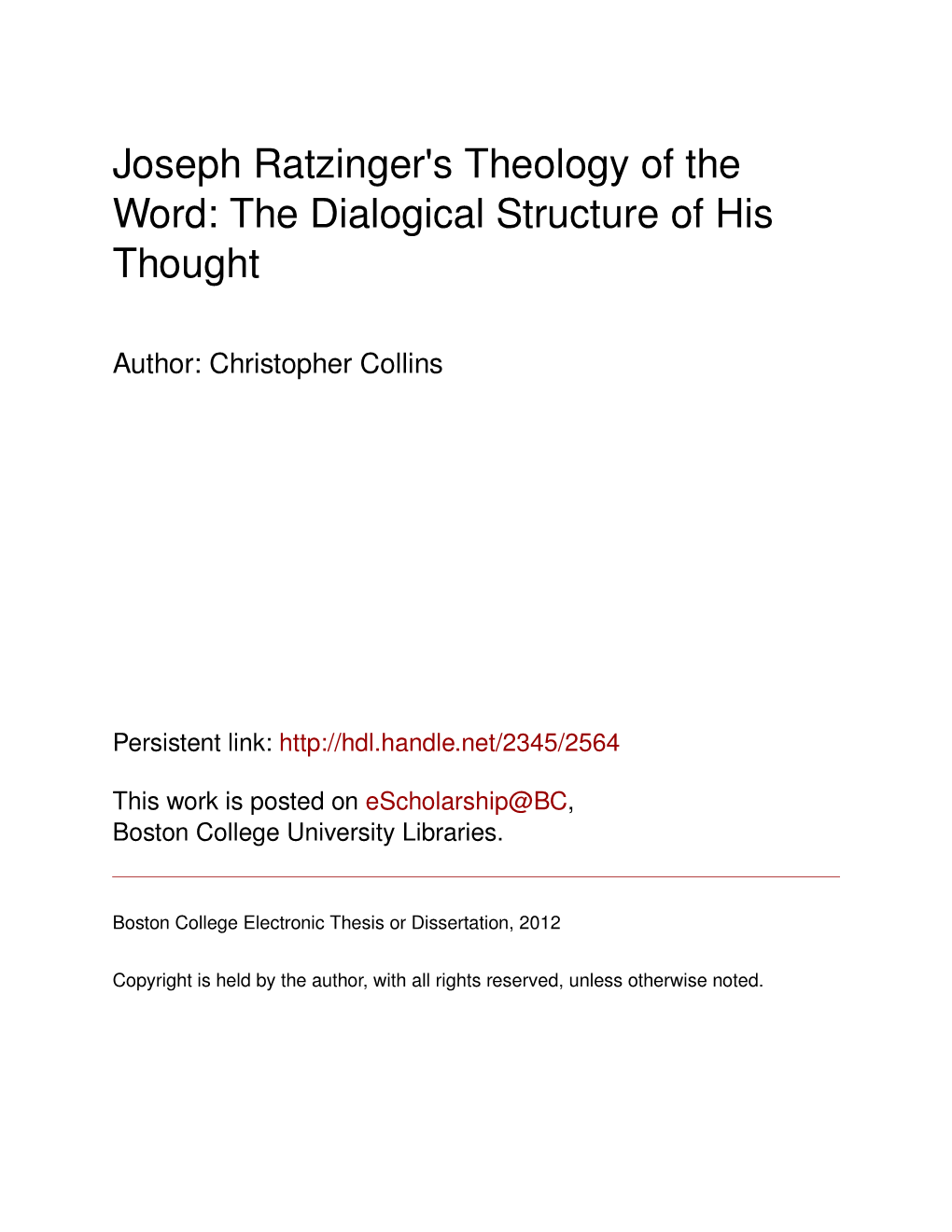 Joseph Ratzinger's Theology of the Word: the Dialogical Structure of His Thought