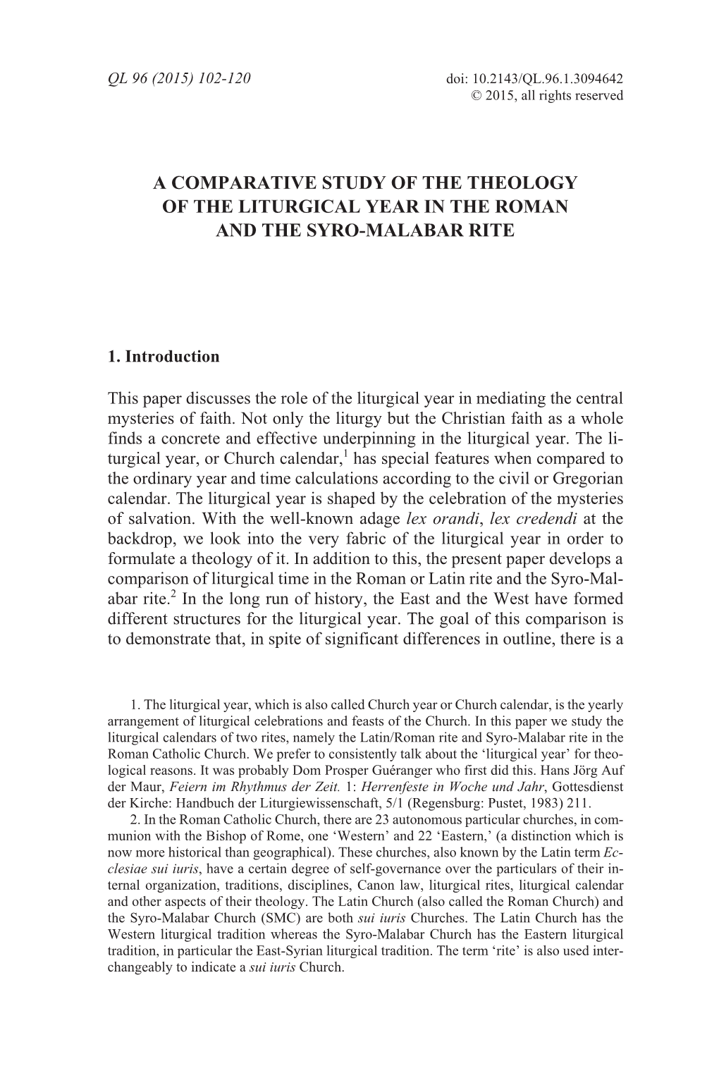 A Comparative Study of the Theology of the Liturgical Year in the Roman and the Syro-Malabar Rite